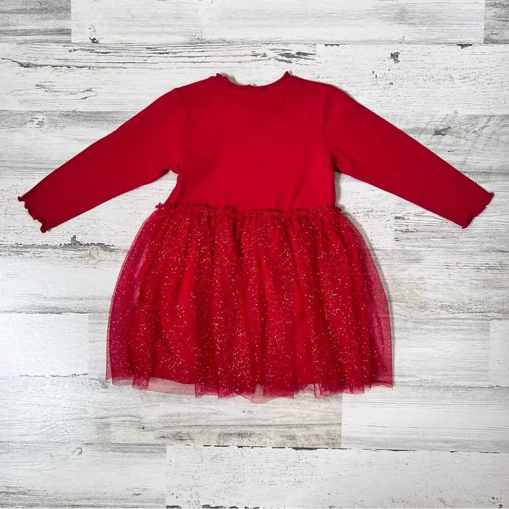 🌵3/$20 H&M Girls Dress Size 18M Red Glitter Tulle Holiday Long Sleeve Party